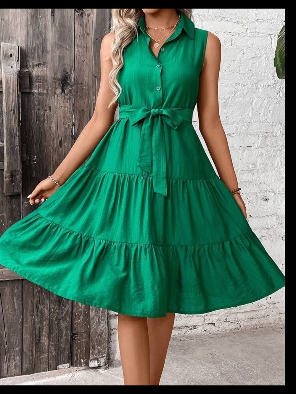 SHEIN Emerald Green Tiered Midi Dress-Skirt with Waist Tie - Picture 6 of 6